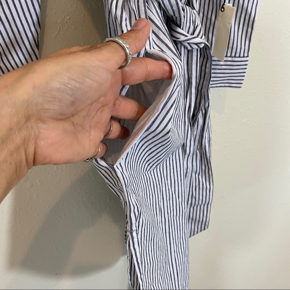 Sneak Peak Shirt Dress Railroad Mini Pinstriped Belted Cuff Sleeves Pocket Beach - Picture 10 of 13